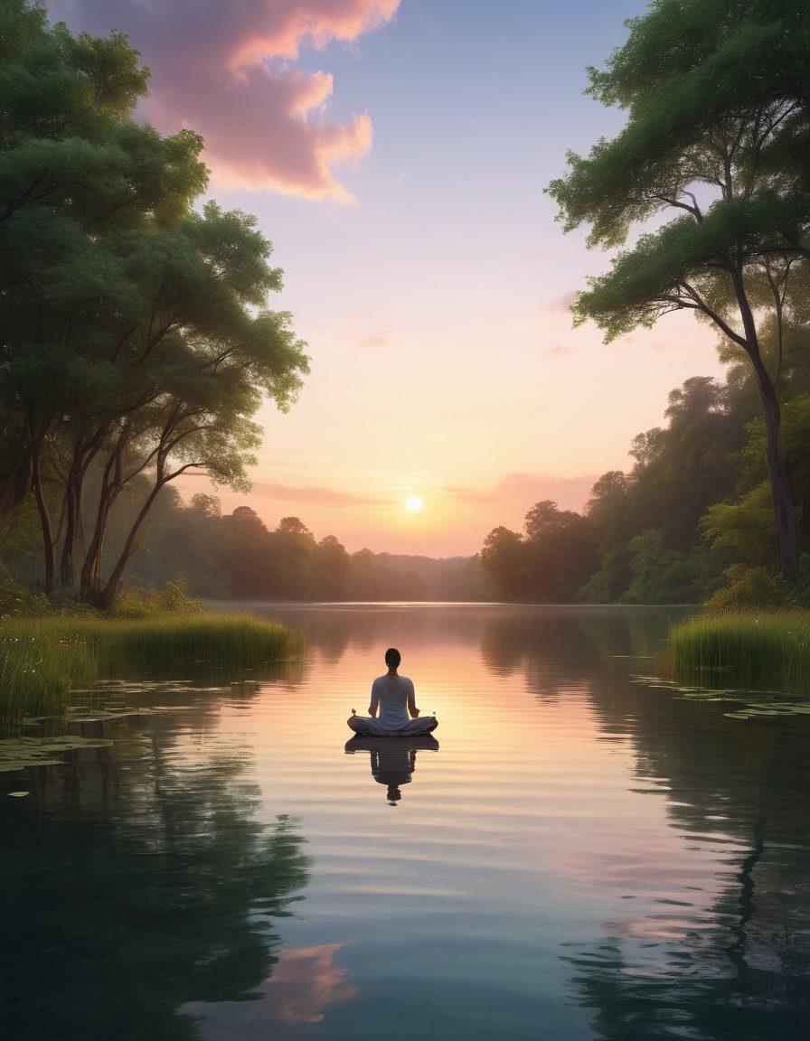 A tranquil landscape featuring a serene lake surrounded by lush greenery, where a person practices meditation in a peaceful posture. Include subtle visual elements symbolizing sound harmony, like rippling water and floating musical notes made of light. The sky should have a warm sunset glow that reflects on the water, creating a soothing atmosphere. Enhance the scene with gentle, soft colors to evoke tranquility. super-realistic. vibrant colors. soothing aesthetics.