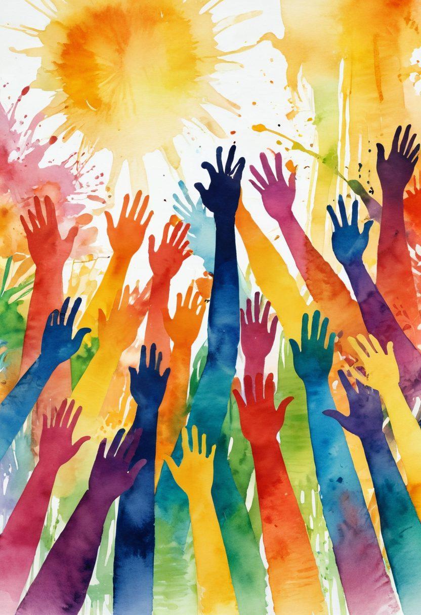 A colorful, abstract representation of sound waves transforming into vibrant hues, showcasing expressions of joy and communication through sign language. Include silhouettes of diverse individuals joyfully interacting with each other, surrounded by a burst of colors symbolizing their emotions. The background should feature a radiant sun and blooming flowers, emphasizing positivity and cheerfulness. watercolor. bright colors. dynamic composition.