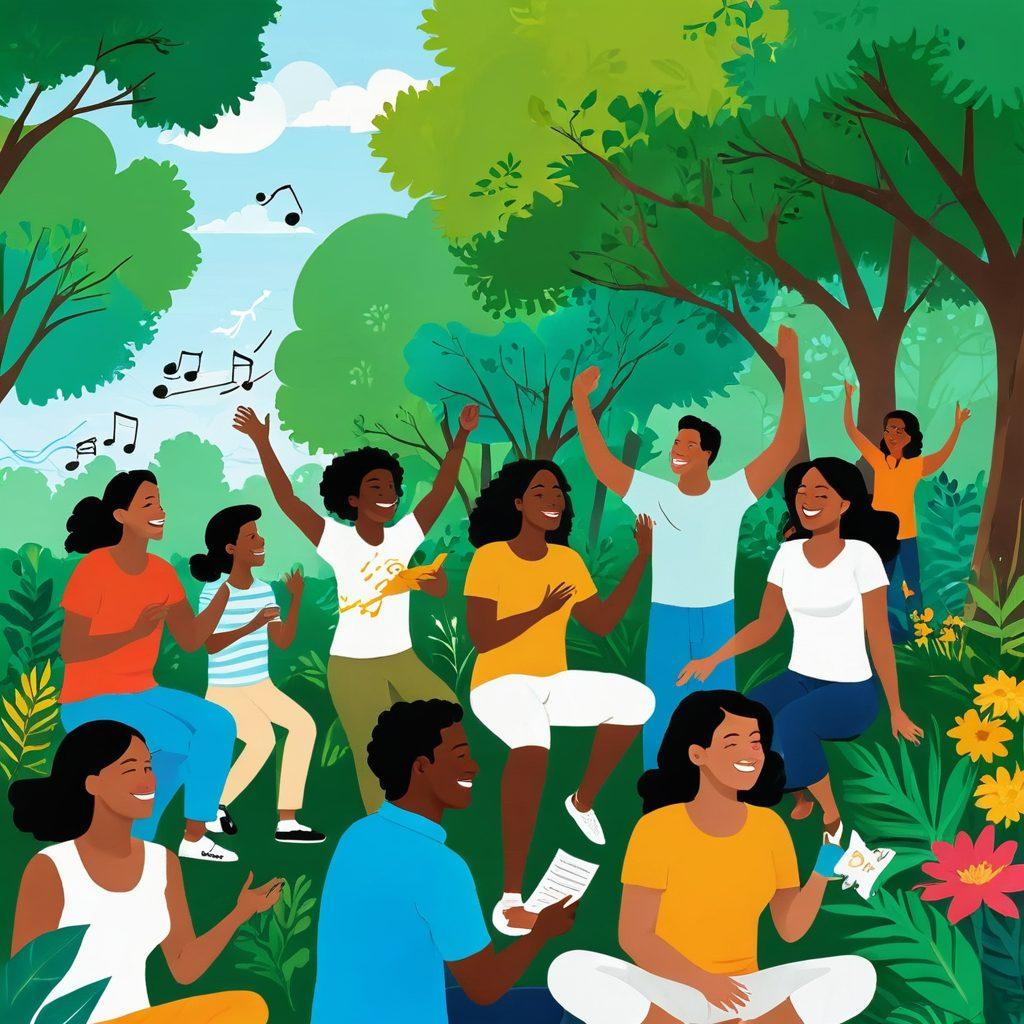 A serene landscape featuring a diverse group of people laughing and engaging in joyful activities, with vibrant colors highlighting their expressions of happiness. Include elements like musical notes visualizing sound waves, and symbols of communication, such as sign language. The background should showcase a peaceful park with lush greenery and bright flowers, signifying a harmonious environment. The focus should be on the connection and positivity fostered by inclusivity. super-realistic. vibrant colors. warm tones.